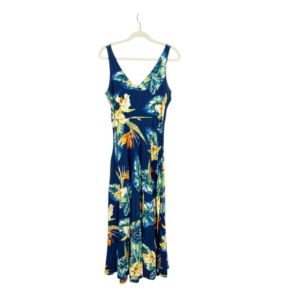 Chaps Women's M Navy Blue Tropical Floral Print V Neck Maxi Dress Vacation Beach - Picture 1 of 9